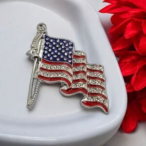 American Flag Brooch Rhinestones Enamel Silver Stars Stripes USA Patriotic Pin